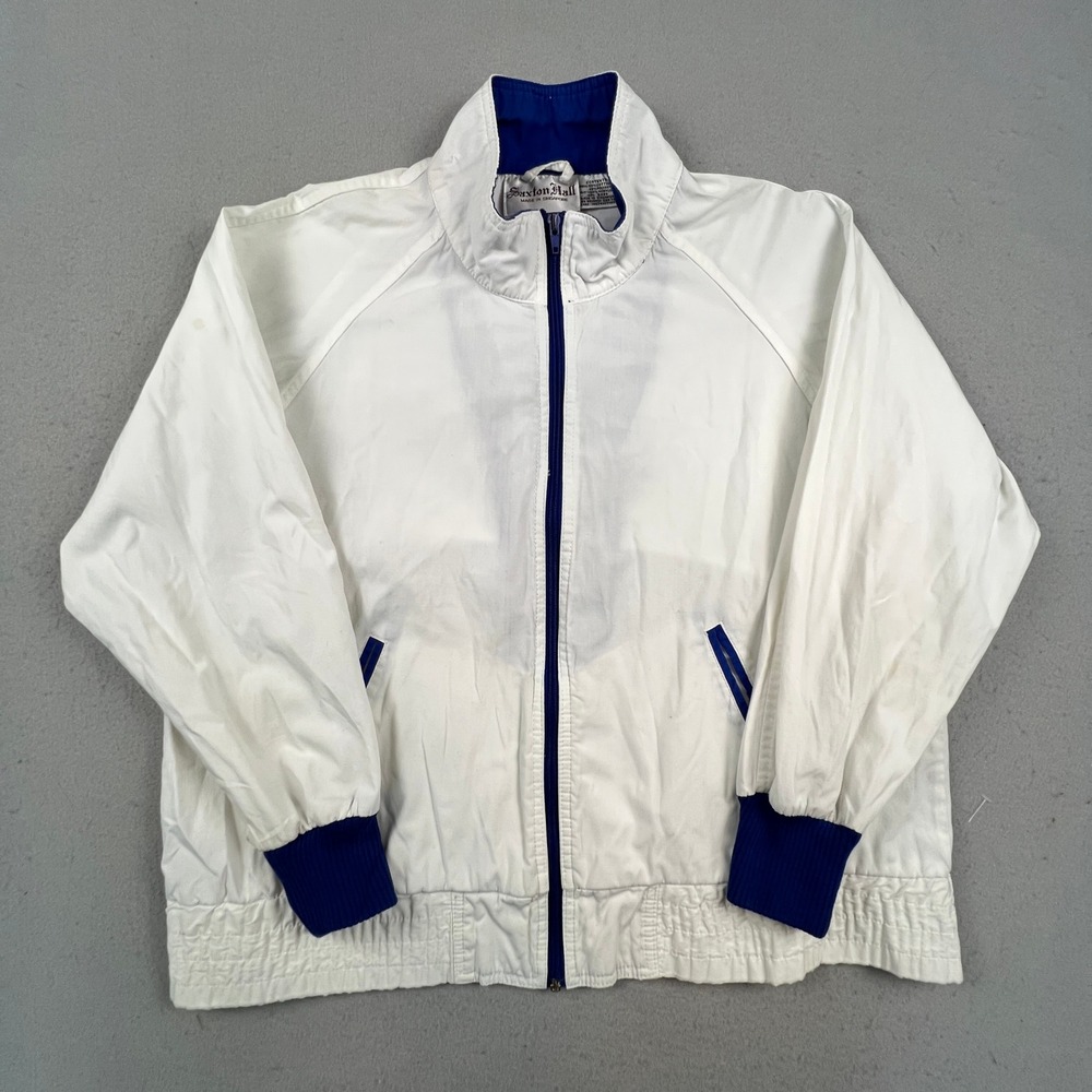 Saxton Hall Windbreaker Jacket Womens LP White Blue Vintage Full Zip Retro